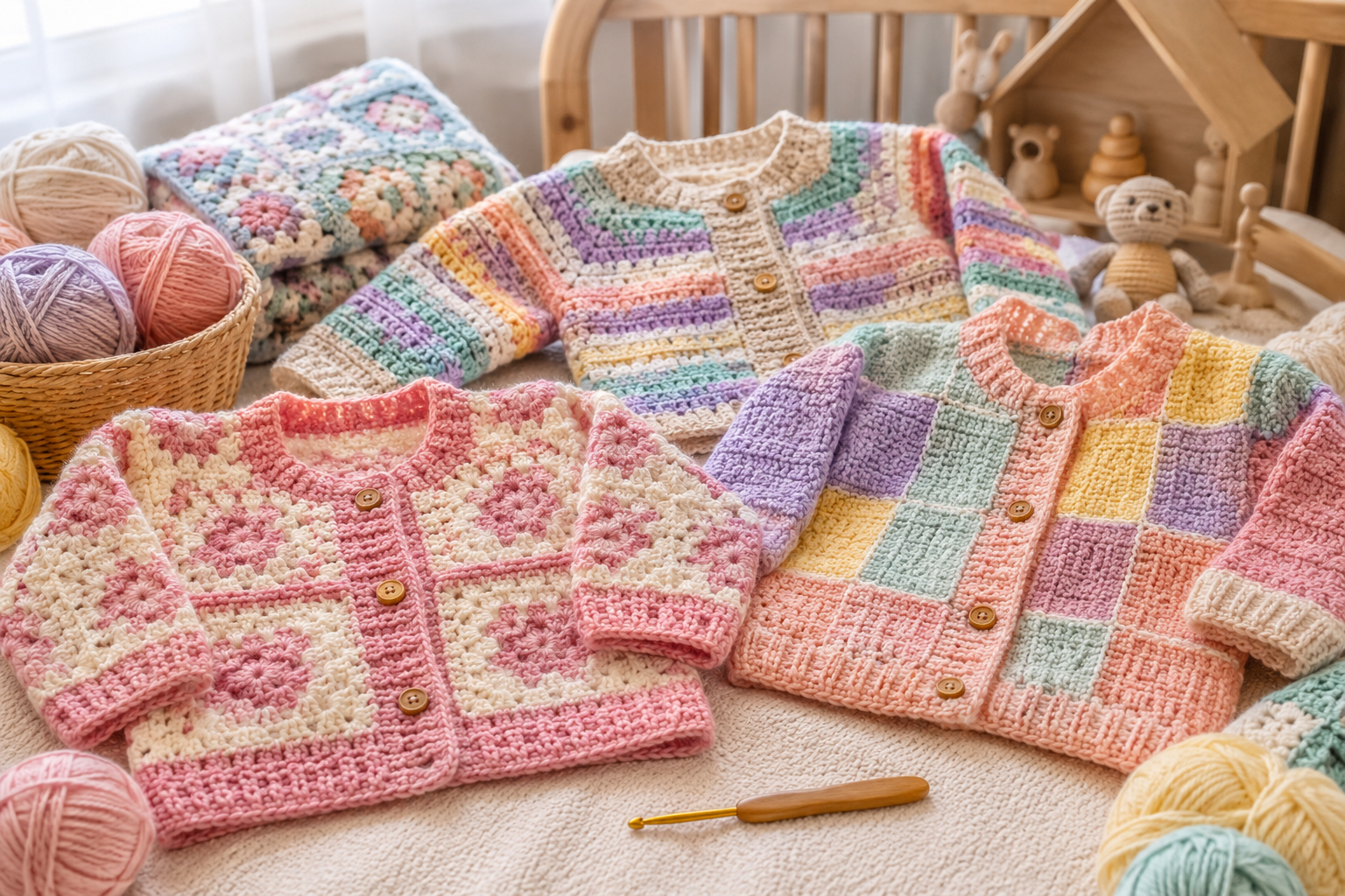 Colorful crochet baby sweaters and cardigans with handmade granny-square designs