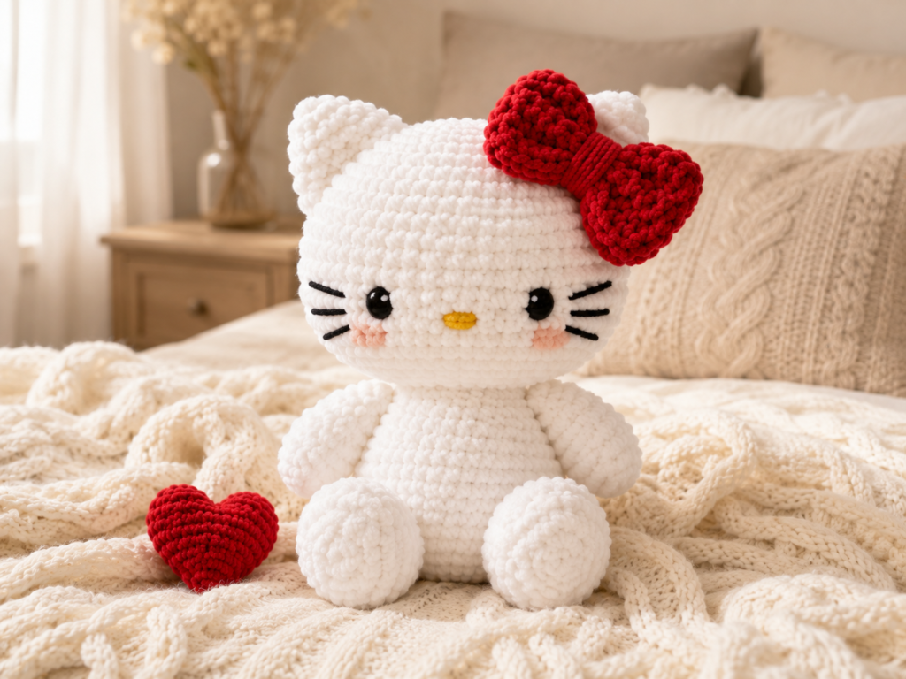 Finished soft crochet kitty plush with red bow sitting on a cozy blanket
