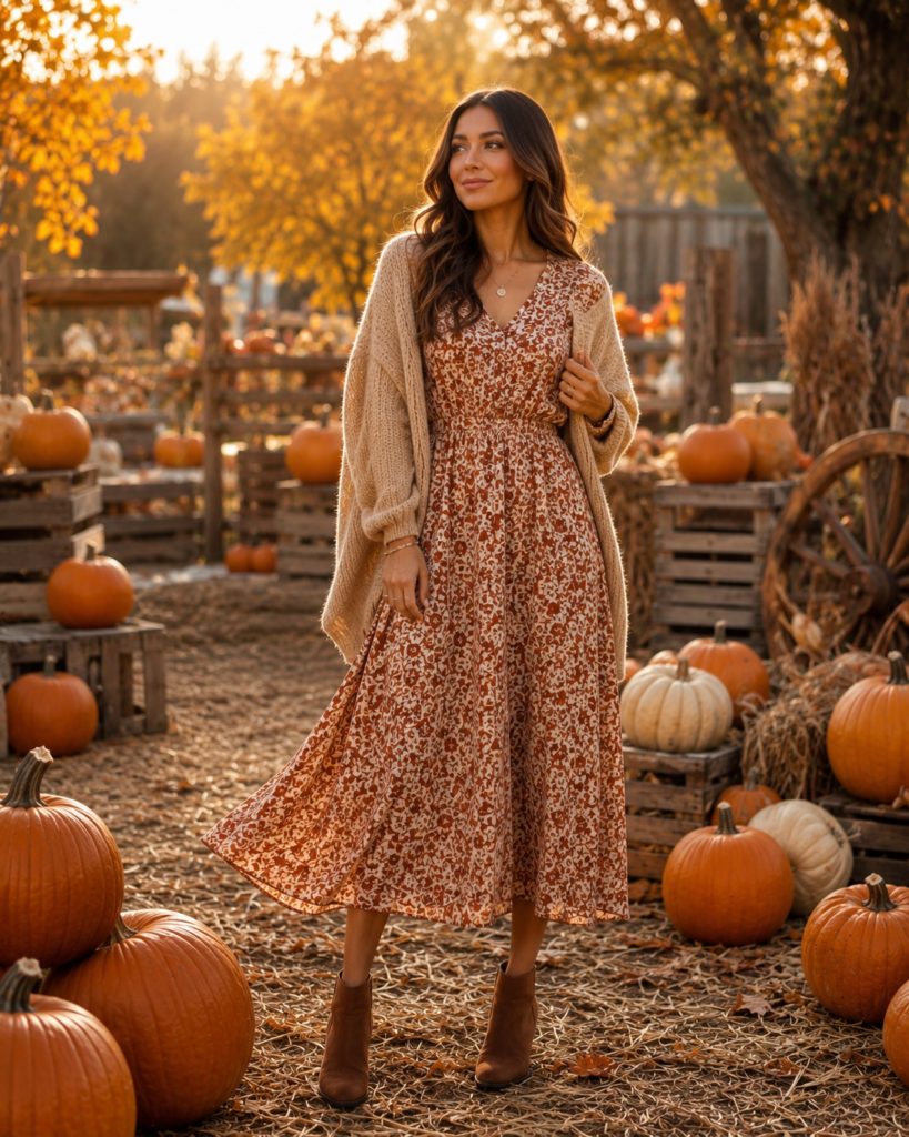 Rust floral midi dress and ankle boots pumpkin patch outfit