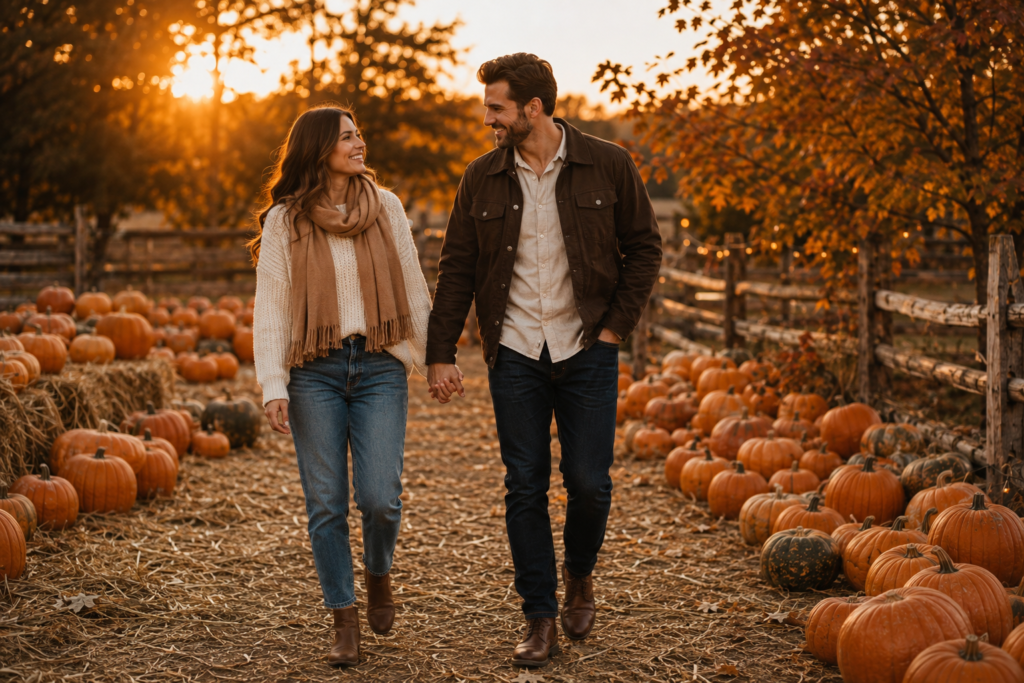 Stylish couple enjoying a pumpkin patch date in coordinated fall outfits