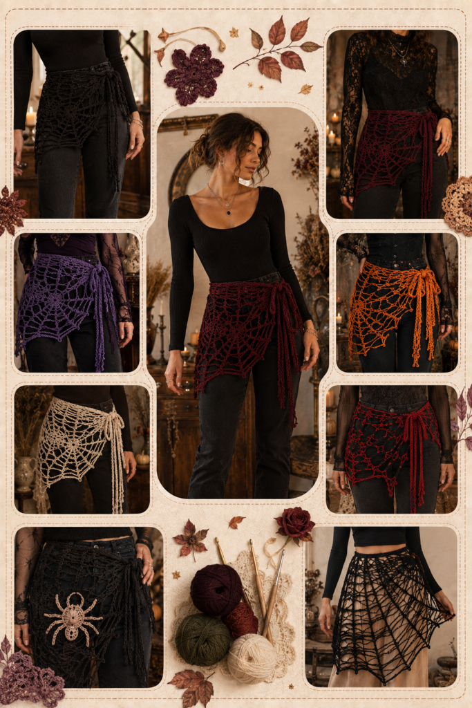 Collage of crochet spider web bandana ideas in black, burgundy, purple and orange