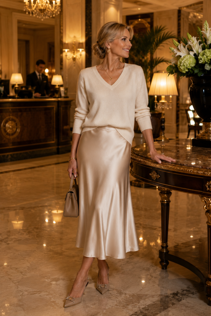 Monochrome cream evening outfit
