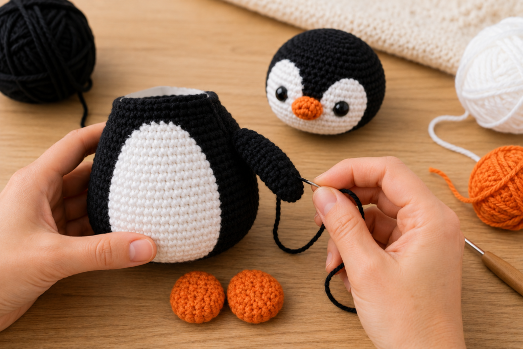 Assembling the head, wings and feet of a crochet penguin