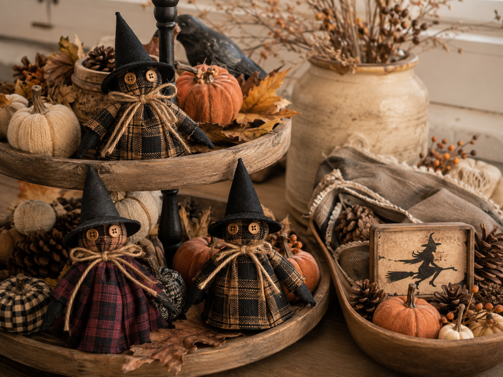 Homespun witch picks used in a rustic Halloween tiered tray display