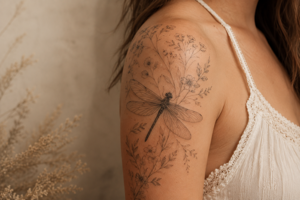 Dragonfly tattoo surrounded by delicate flowers and leaves