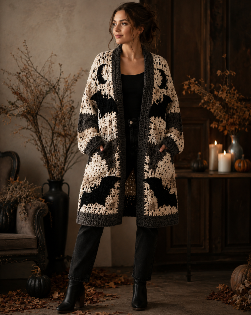 Crochet Halloween cardigan with black bat motifs and crescent moons