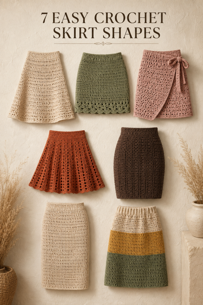 Seven easy crochet skirt shapes including A-line, mini, wrap, flared, high-waisted, straight and color-block styles