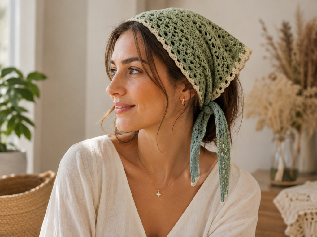 Finished sage green crochet bandana worn as a stylish handmade accessory