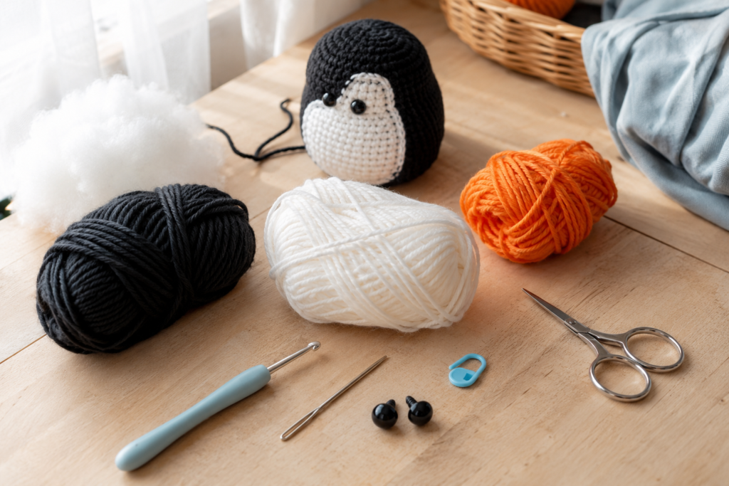 Yarn, crochet hook and supplies needed for a crochet penguin