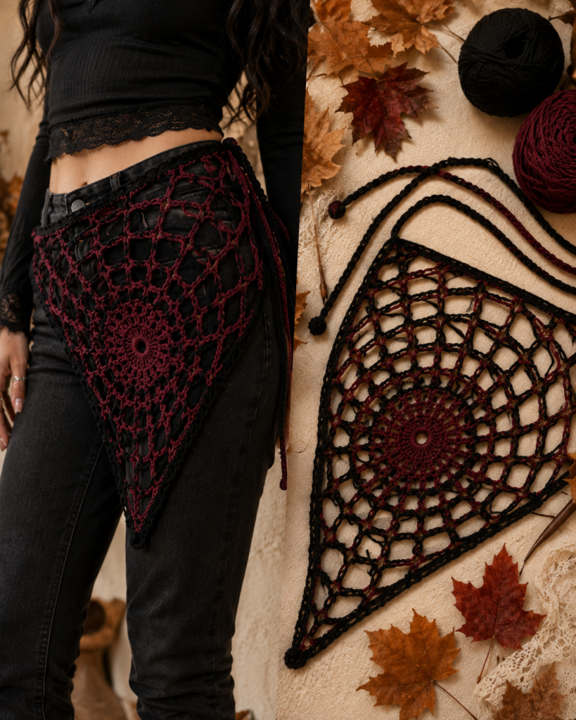 Two-tone black and burgundy crochet spider web bandana