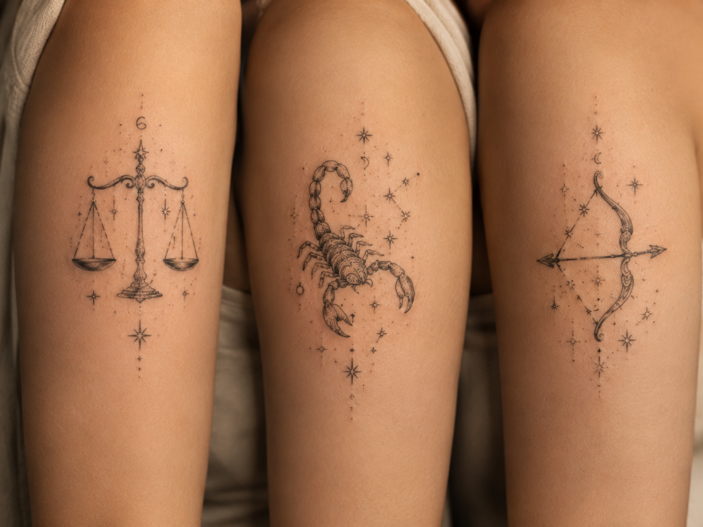 Libra Scorpio and Sagittarius zodiac tattoo ideas with scales, scorpion and arrow designs