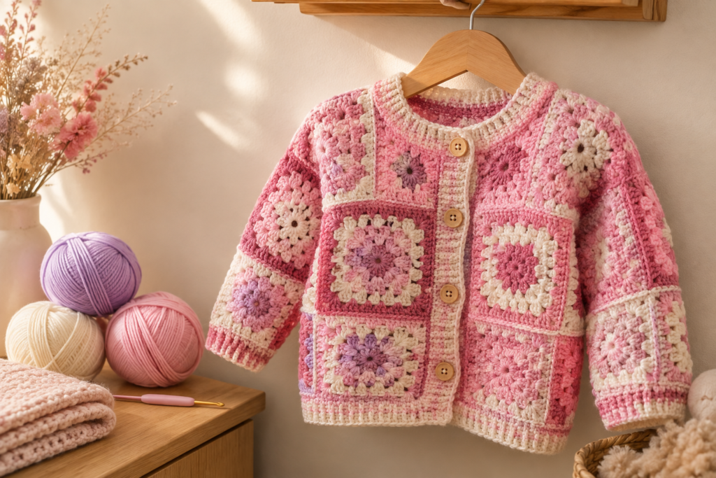 Pink and cream granny-square crochet baby cardigan