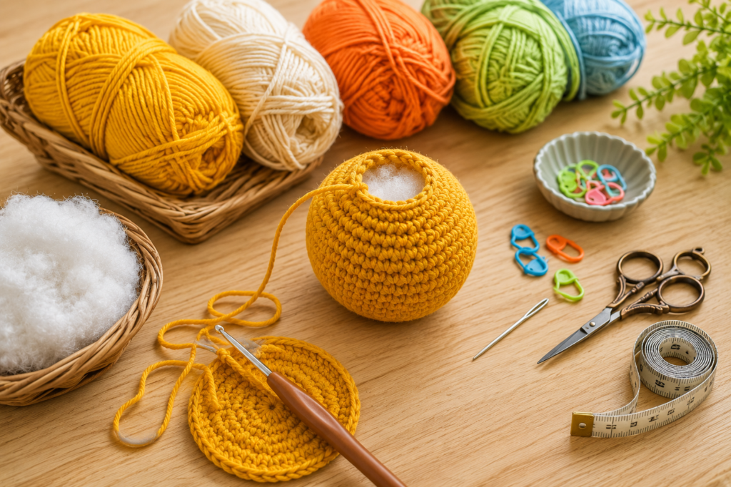 Crochet yarn, hook and supplies for making handmade dog toys