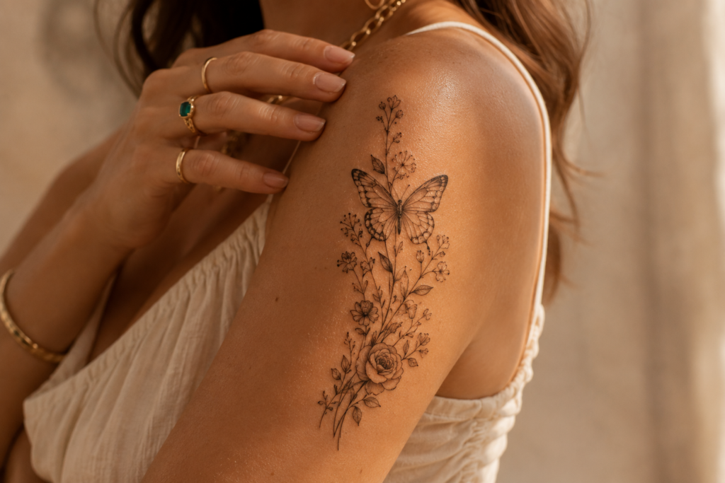Delicate butterfly and flower rose tattoo idea for women