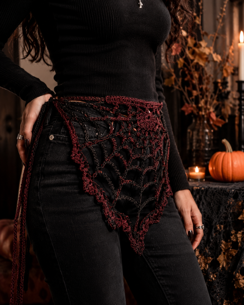 Black and burgundy crochet spider web bandana with gothic Halloween styling