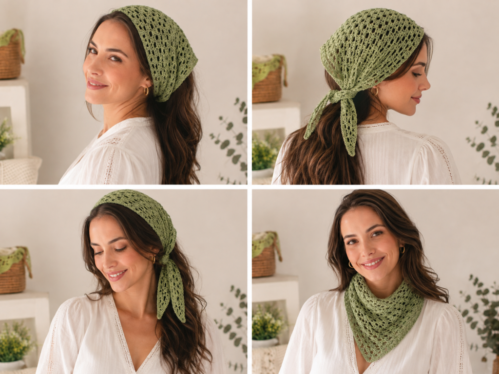 Four ways to wear a handmade crochet bandana as a head scarf
