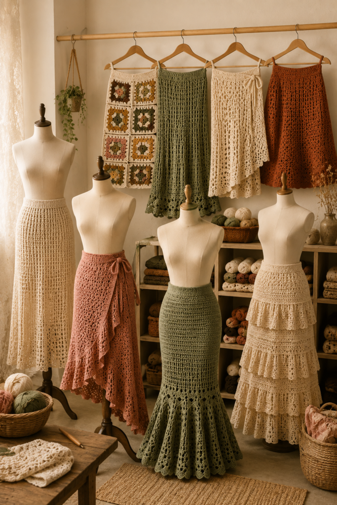 Collection of handmade crochet skirts in different silhouettes, colors and stitch patterns