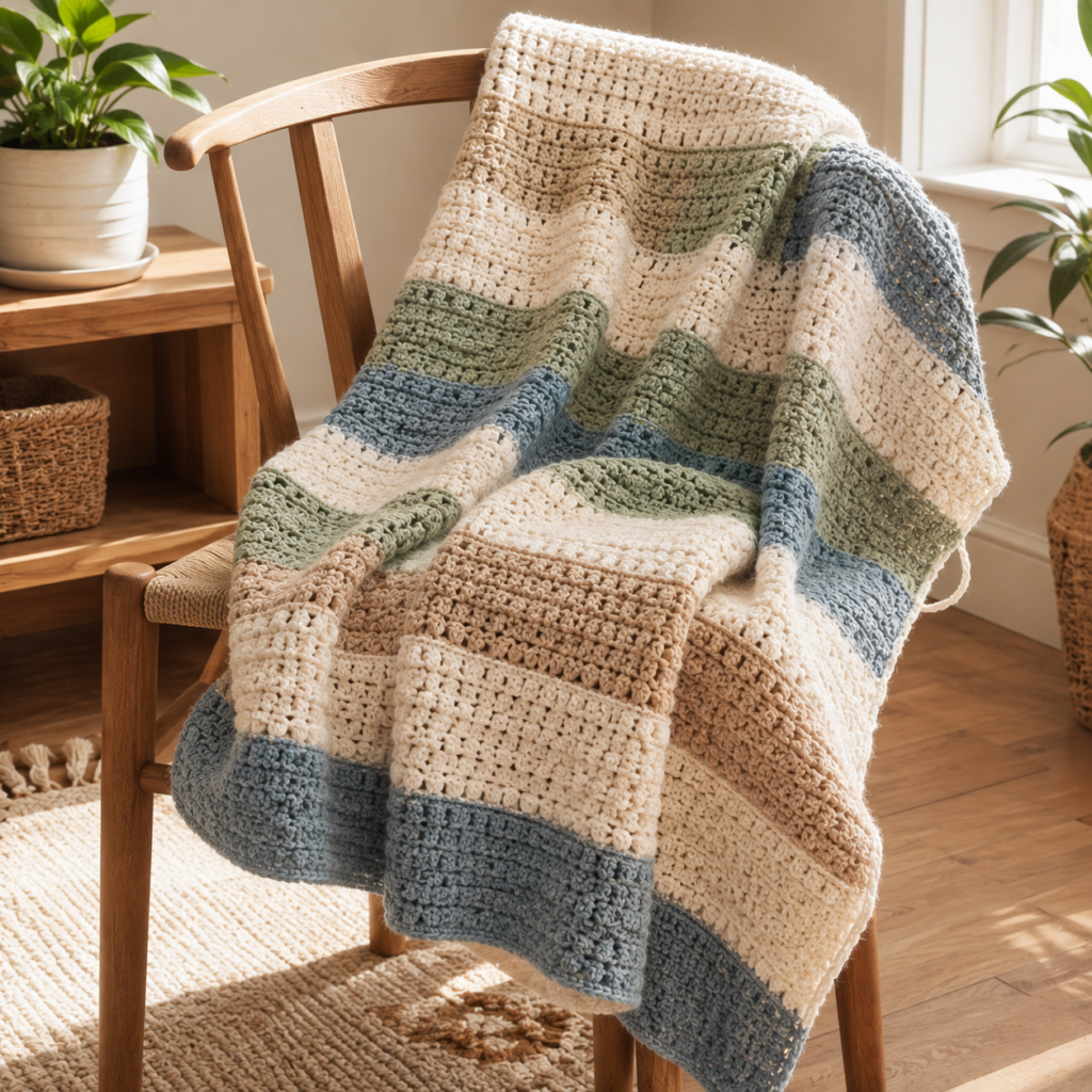 Easy striped crochet blanket in neutral colors