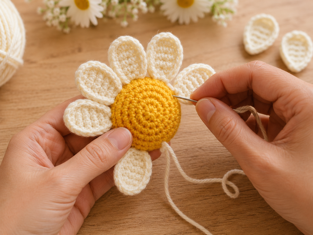 Sewing cream crochet petals around a yellow daisy center