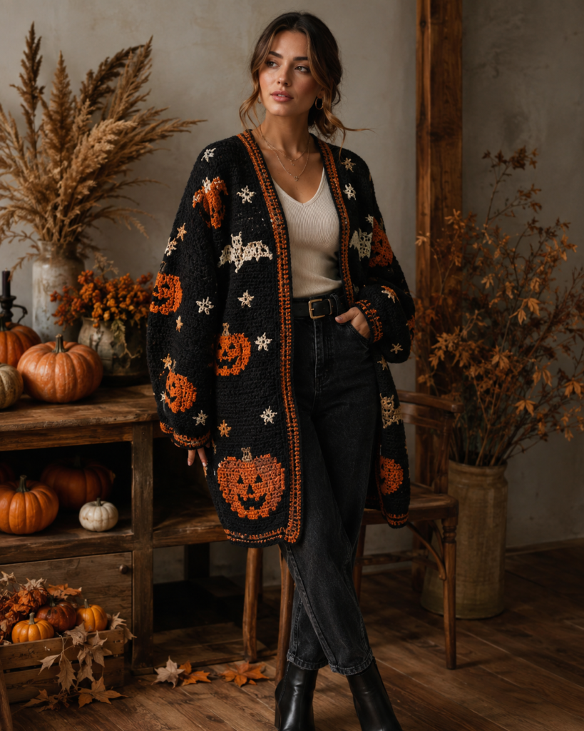 Black and burnt orange crochet Halloween cardigan with pumpkin motifs