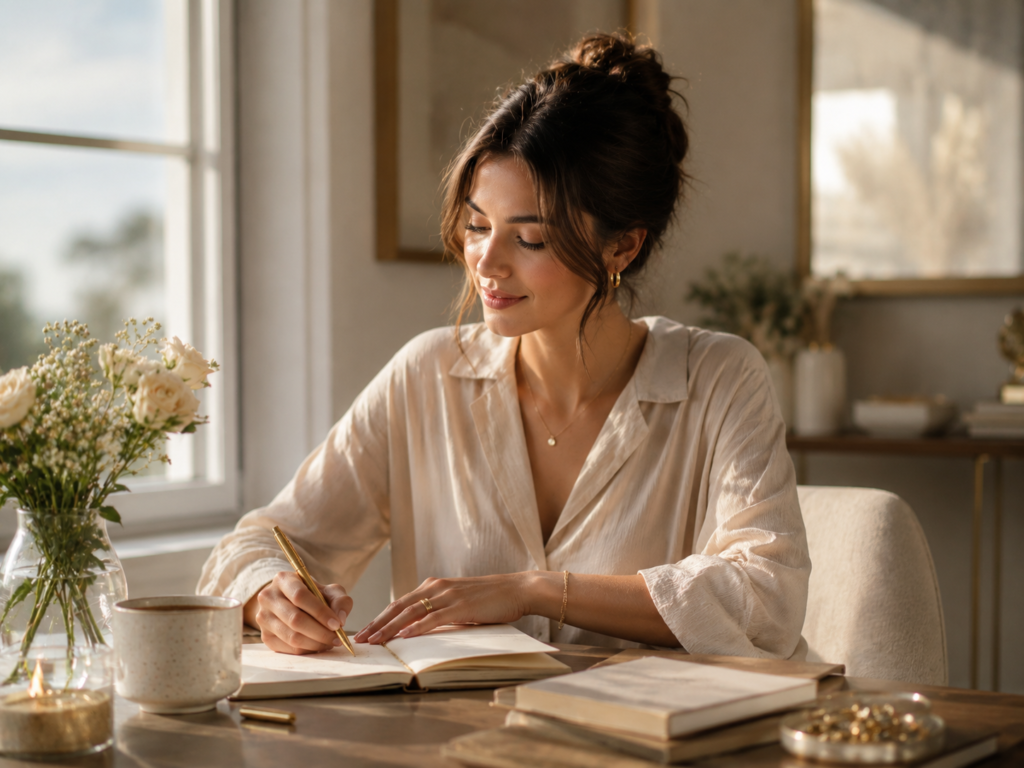 Woman journaling and reflecting on her confidence and personal growth