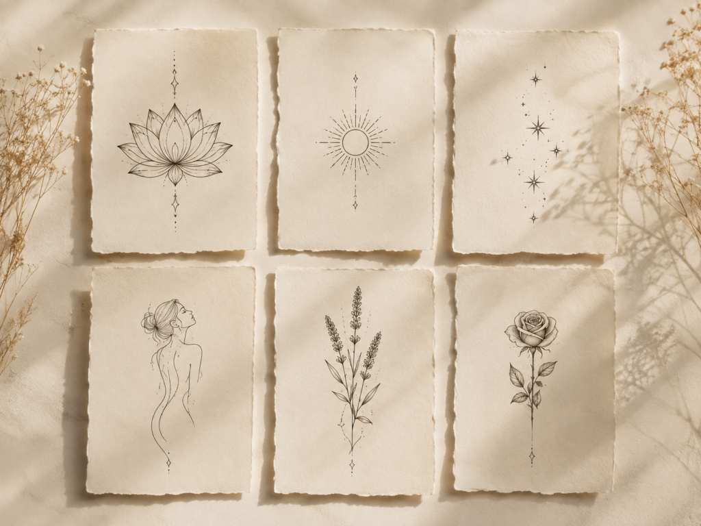 Feminine floral and celestial tattoo ideas including lotus, sun, stars, lavender and rose designs
