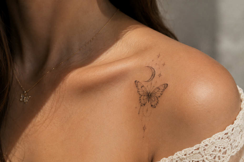 Delicate butterfly moon and stars tattoo design