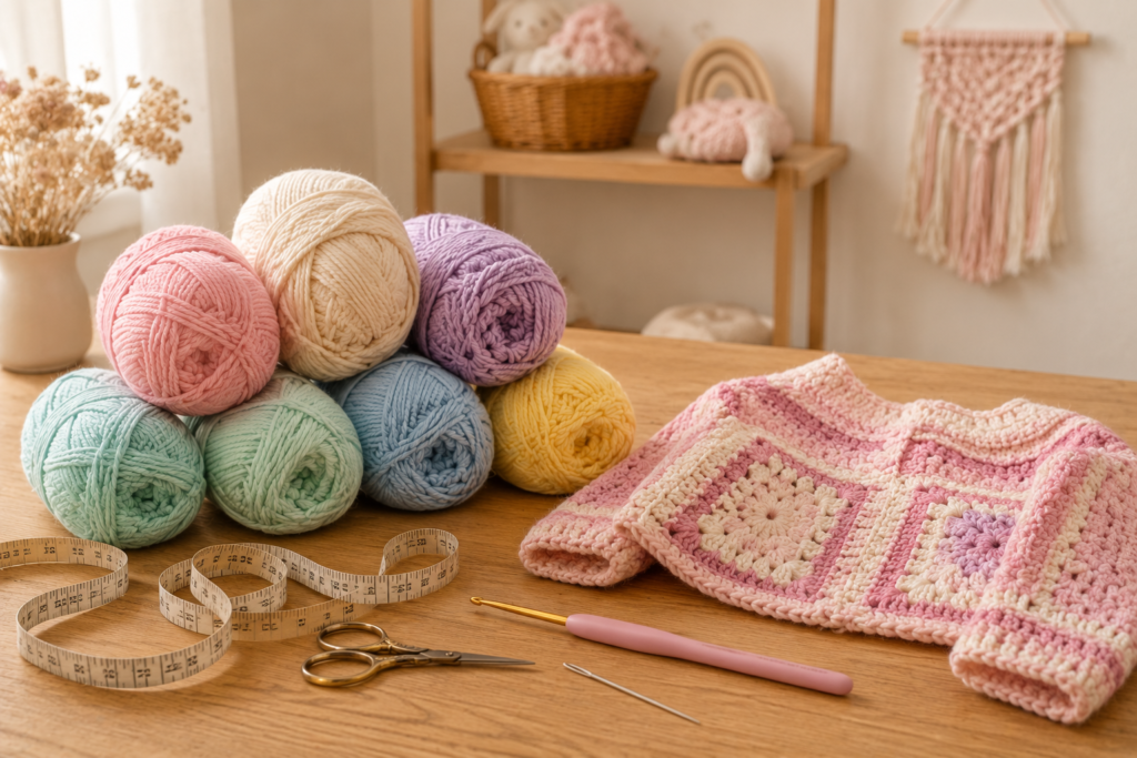 Colorful patchwork crochet baby cardigan made with granny squares