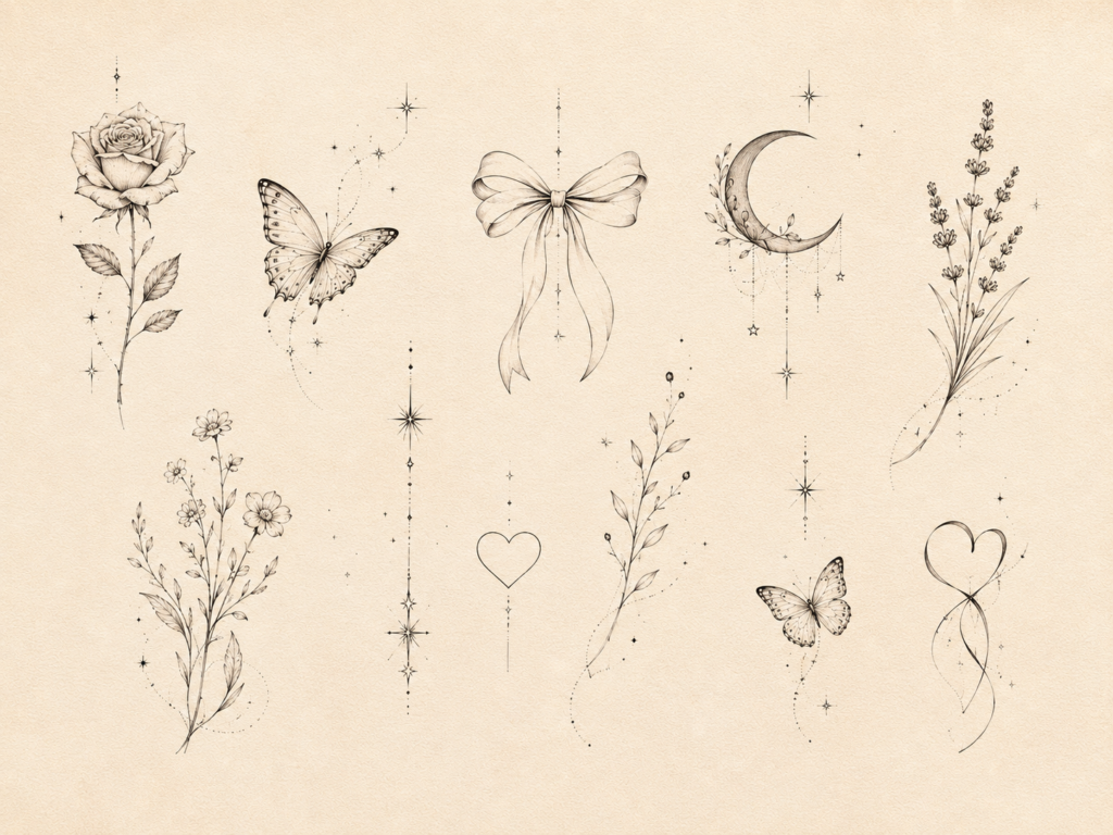 Elegant feminine tattoo inspiration with delicate floral, butterfly, celestial and botanical designs