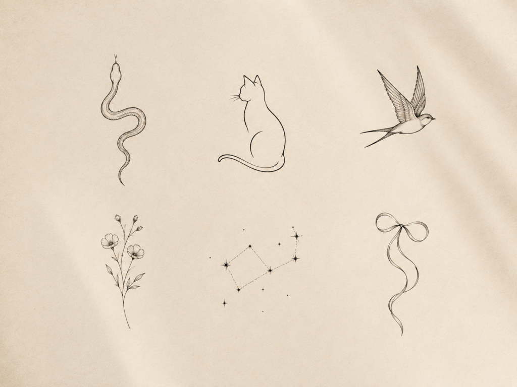 Elegant feminine tattoo designs featuring a minimalist snake, cat, bird, wildflower, constellation and ribbon