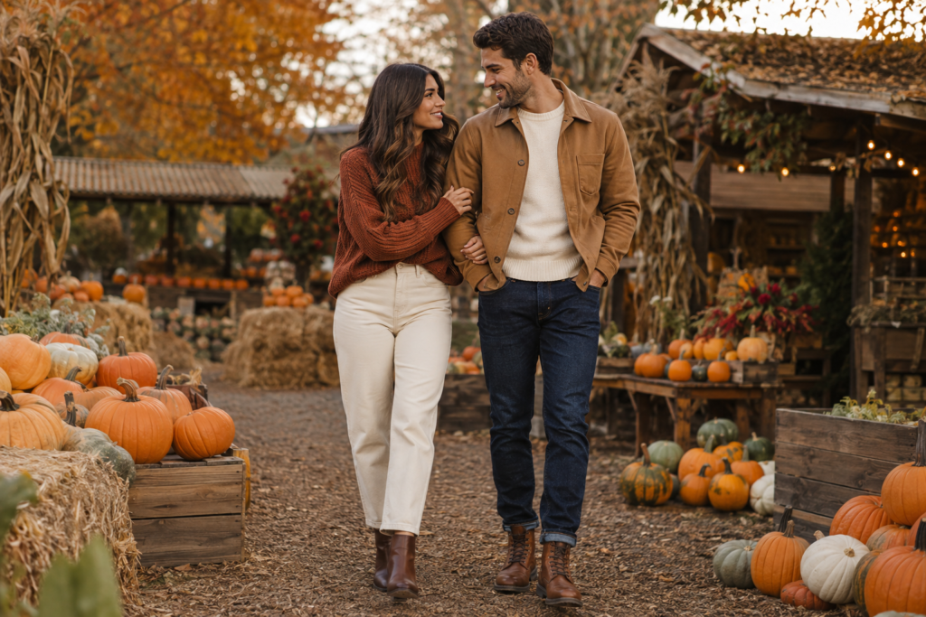 Couple wearing cream, brown and rust fall outfits at a pumpkin patch