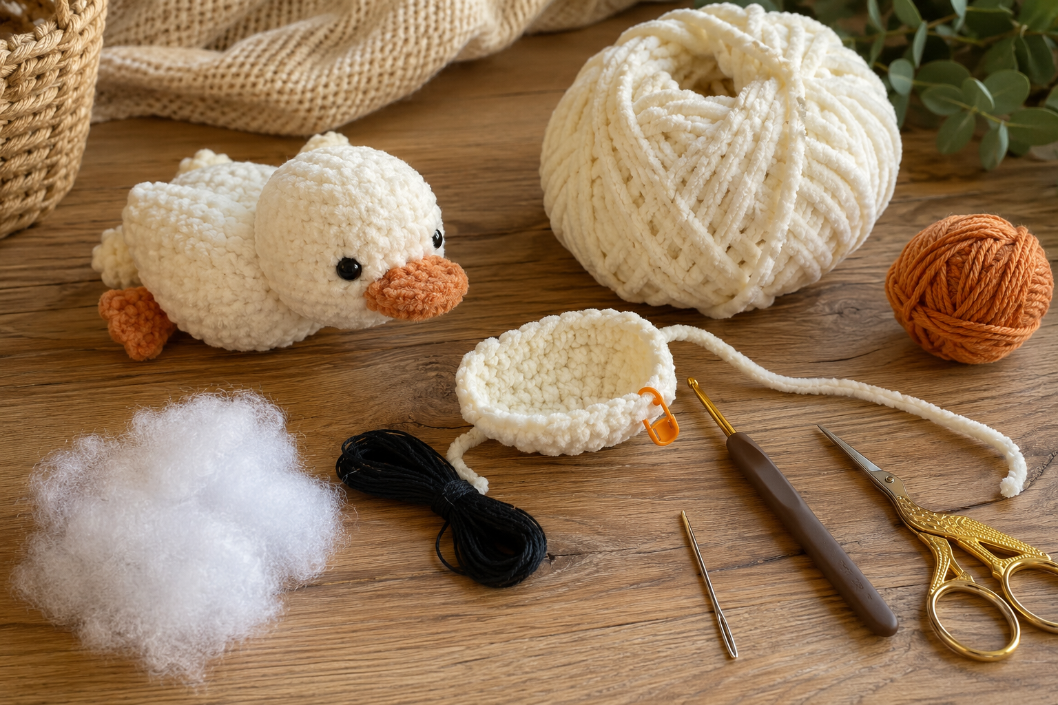 Cute lying duck crochet amigurumi made with soft yarn