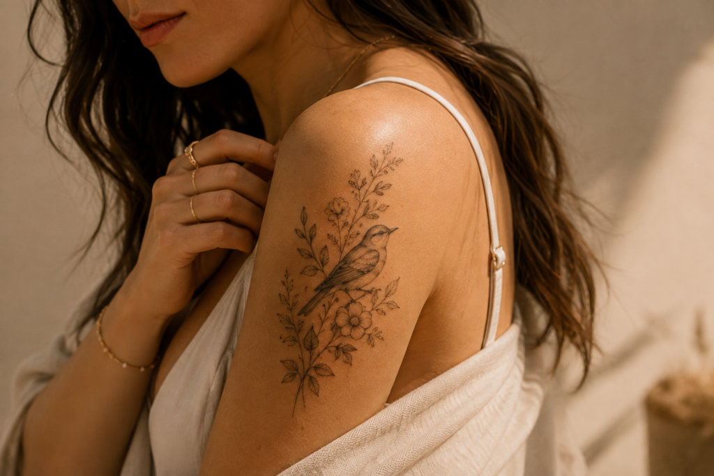 Delicate bird and flower tattoo idea for women