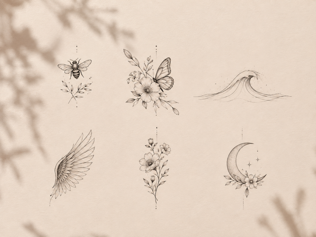Cute and meaningful feminine tattoo ideas featuring a bee, butterfly, wave, angel wing, birth flower and moon
