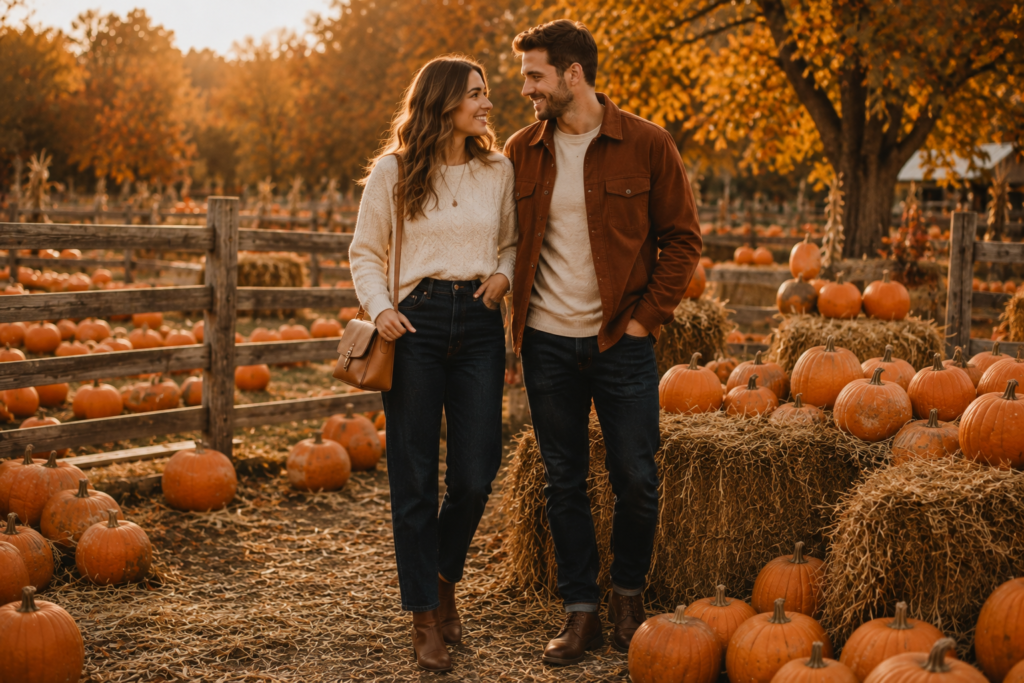 Couple wearing coordinated autumn outfits for pumpkin patch photos