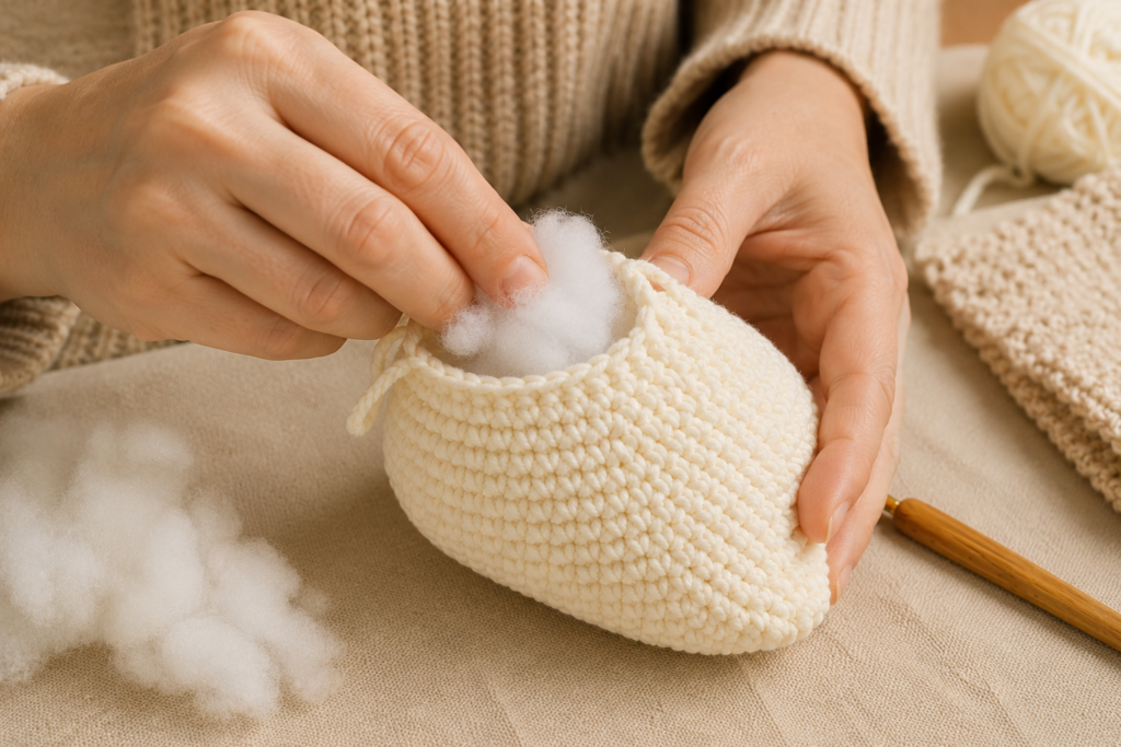 Adding polyester stuffing inside a crochet duck amigurumi body