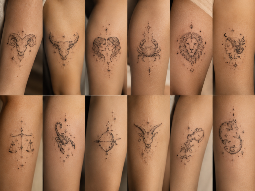 12 zodiac signs represented by delicate tattoo symbols and celestial designs