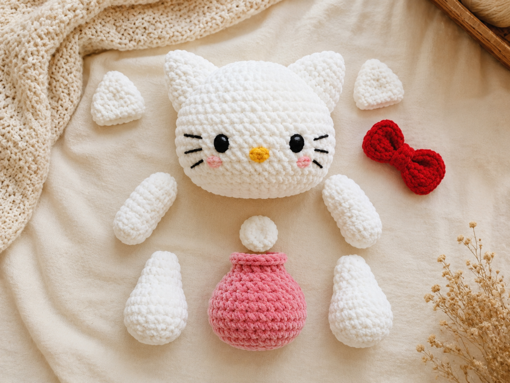 Crocheted ears arms and legs ready to assemble into a kitty plush