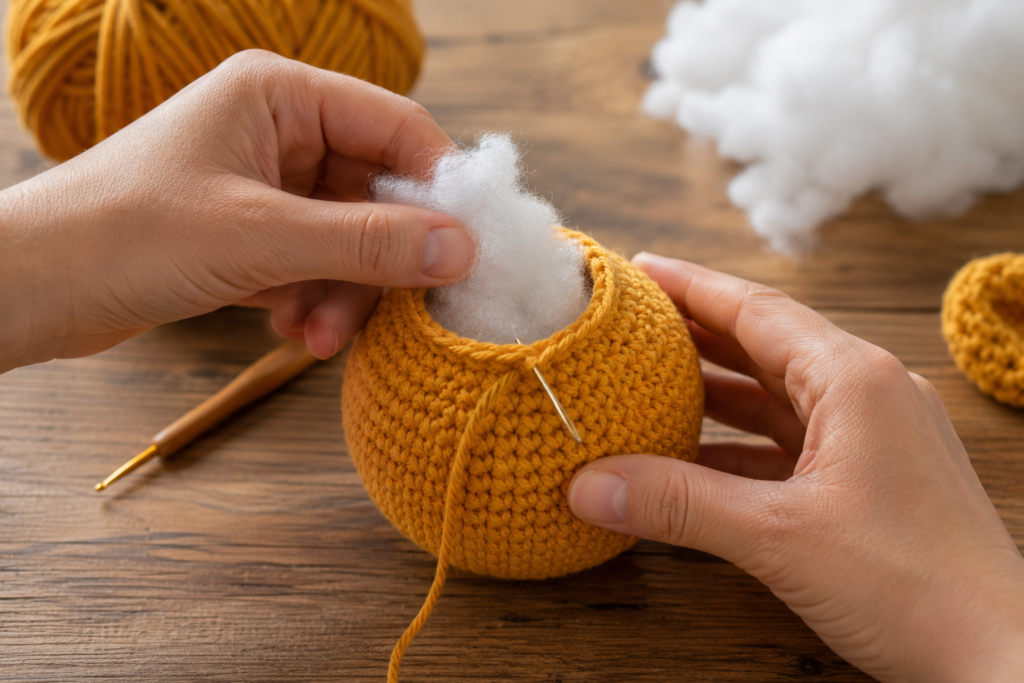 Crochet dog ball being stuffed and finished by hand