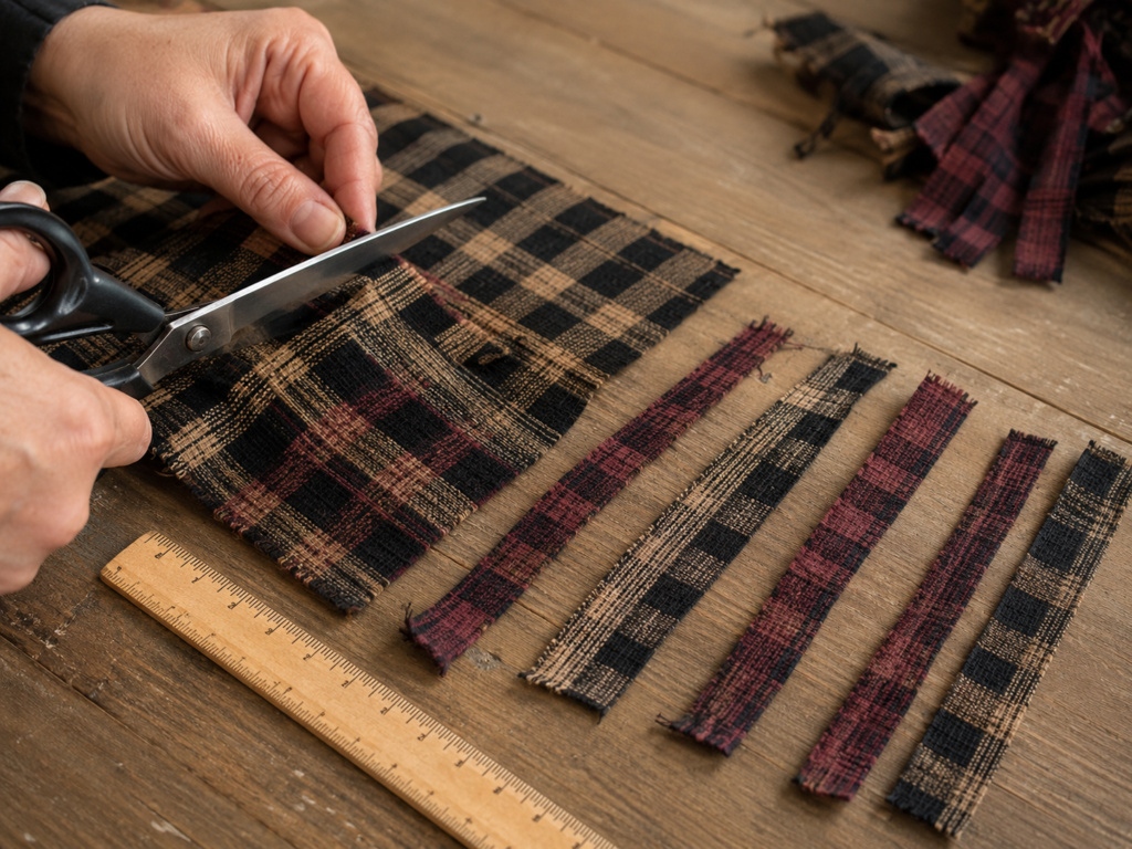 Cutting homespun fabric into narrow strips for a DIY Halloween witch