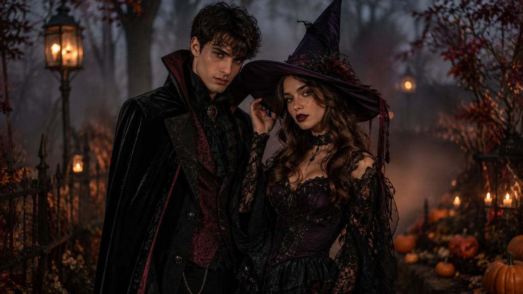 Spooky Halloween costume ideas for two including vampire and witch-inspired looks