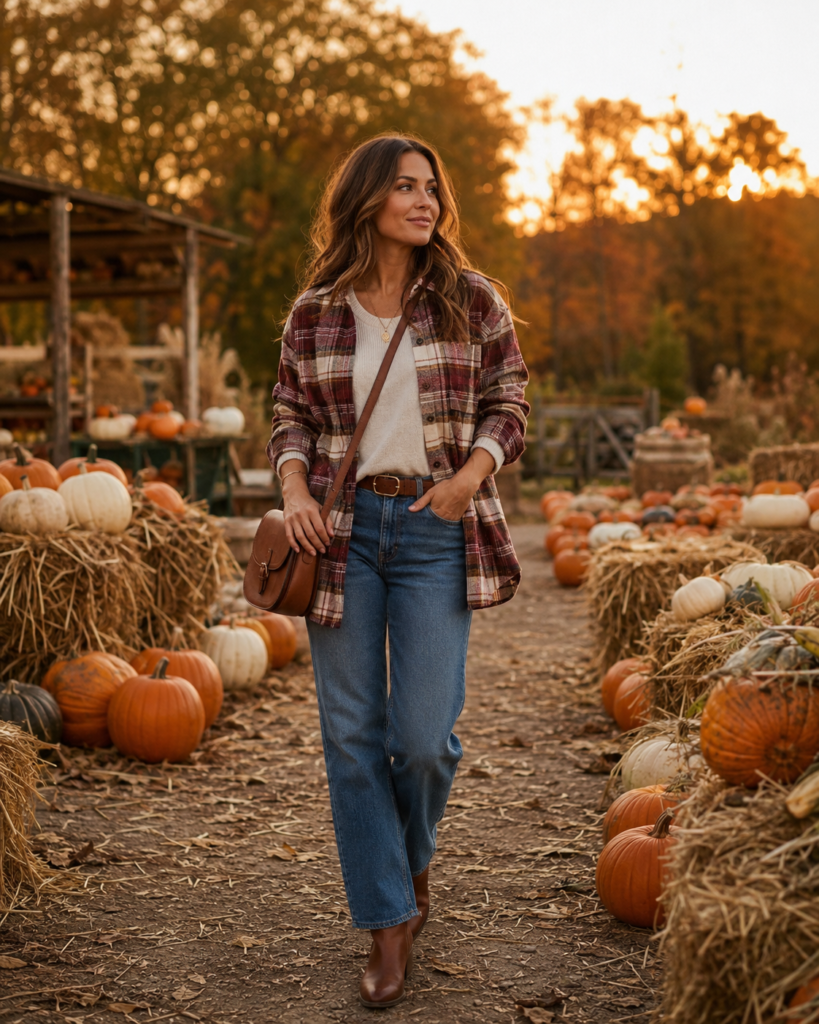Burgundy plaid flannel shirt and jeans pumpkin patch outfit