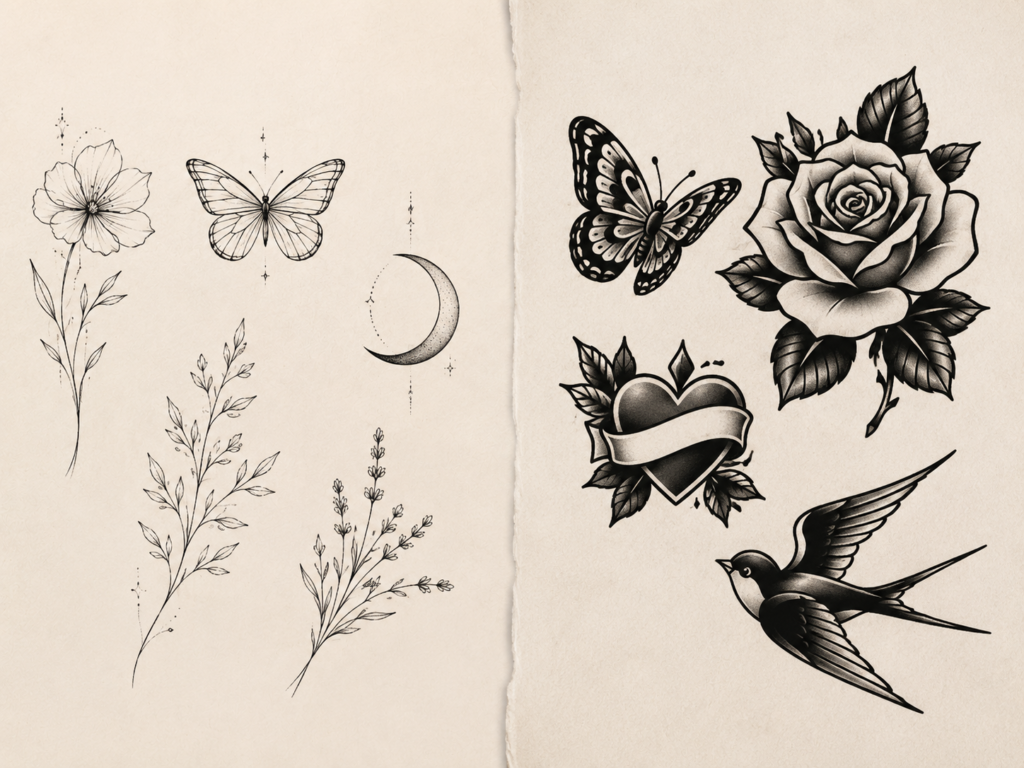 Comparison of delicate fine-line and bold traditional tattoo styles