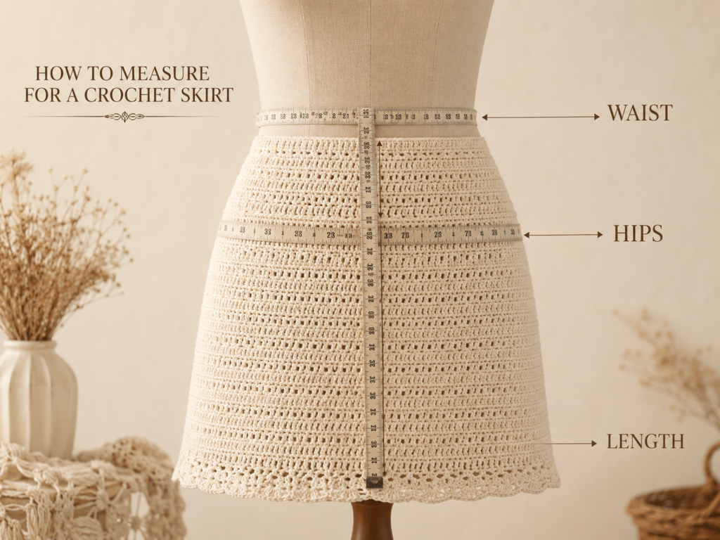 How to measure waist, hips and skirt length before making a crochet skirt
