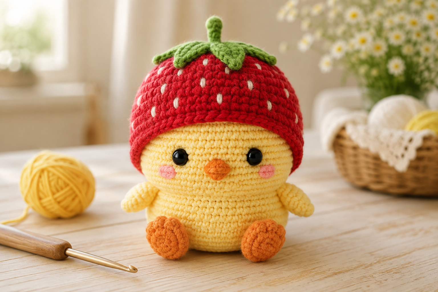 Crochet duck with strawberry hat free amigurumi pattern