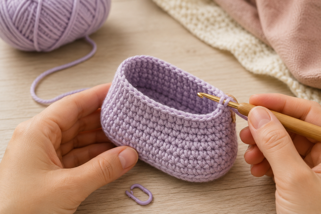 Crochet baby bootie sides being worked upward from the sole
