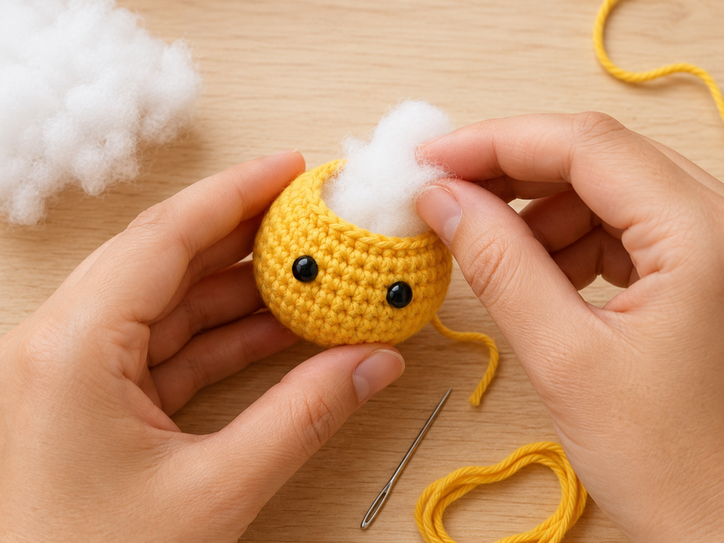 Adding safety eyes and polyester stuffing to a crochet daisy center
