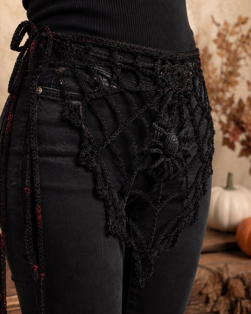 Black crochet spider web bandana decorated with a small spider appliqué
