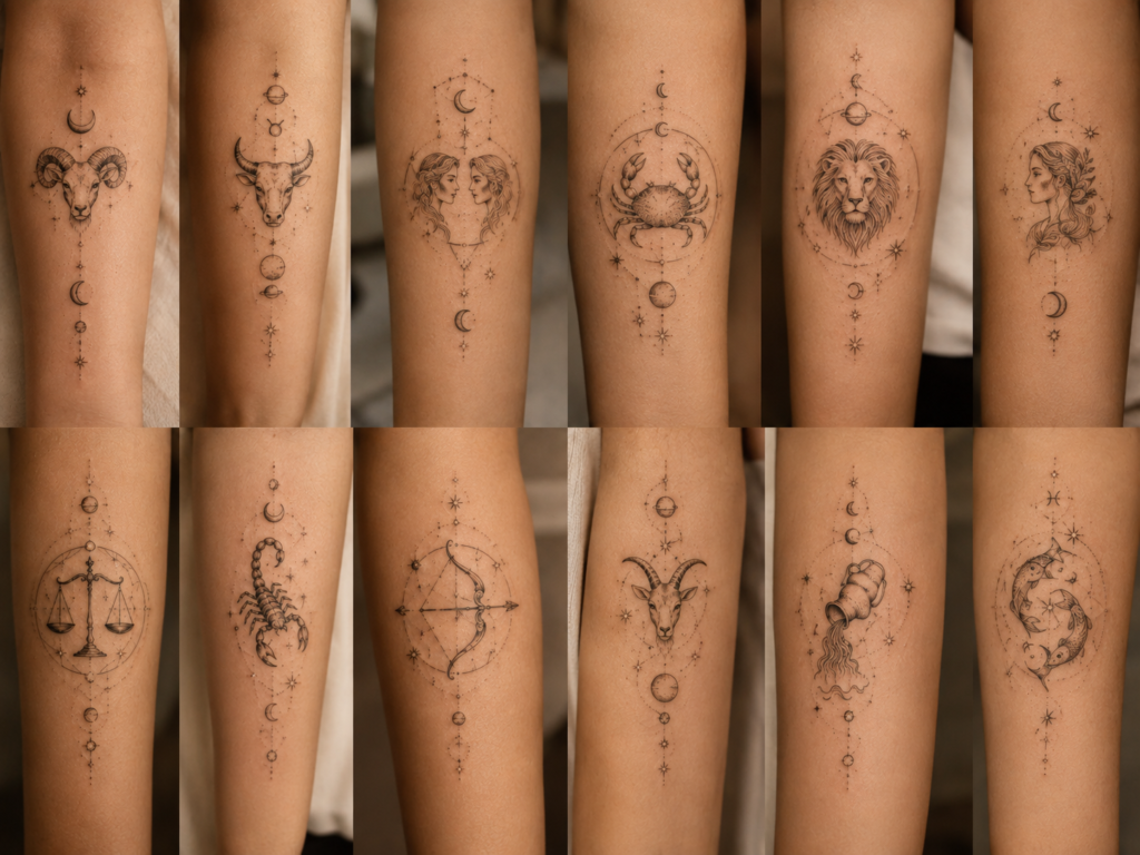Celestial zodiac tattoo designs with constellations moons stars and fine-line details