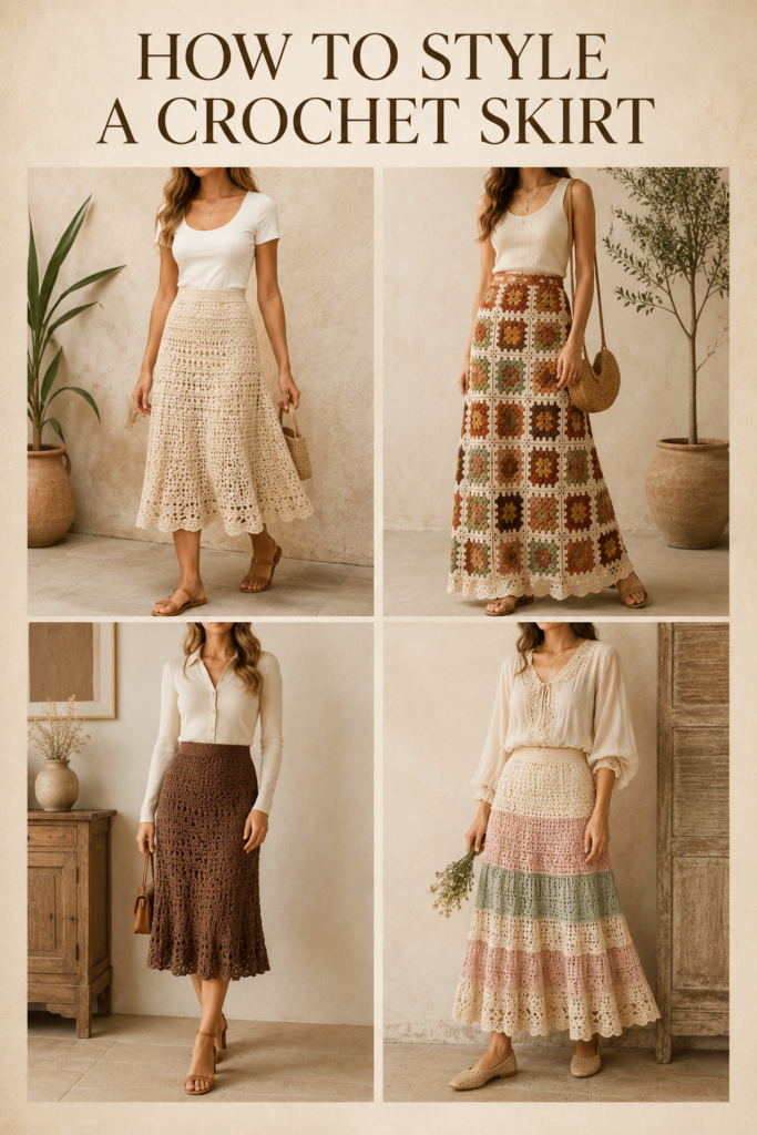 Four crochet skirt outfit ideas with neutral, colorful, boho and feminine styling